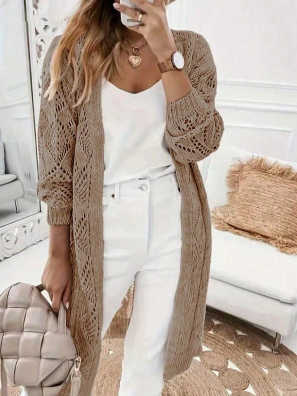 Coffee Brown Casual Women's Diamond Hollow Knit Drop Shoulder Midi Cardigan